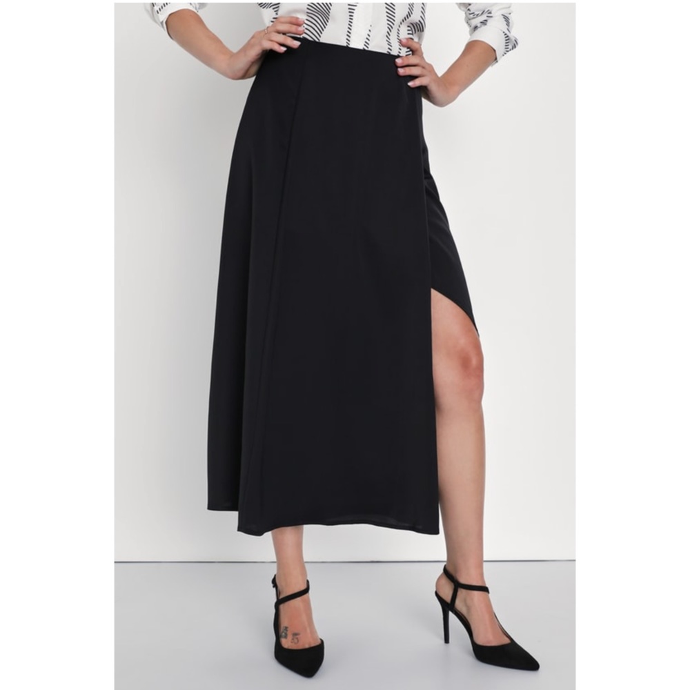 Timeless Sensation Black Satin A-Line MIDI Skirt